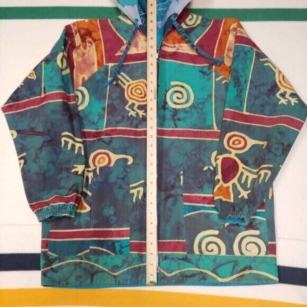 Vintage Reversible Jacket Dolphin Tribal Aztec Hooded Teal‎ 80s 90s Mens XL - Picture 6 of 6